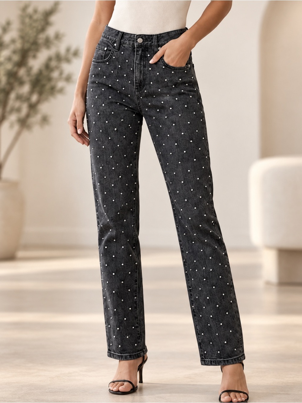 Anthropologie Pilcro High Rise Slim Jeans 29 Black Rhinestone Studded Denim